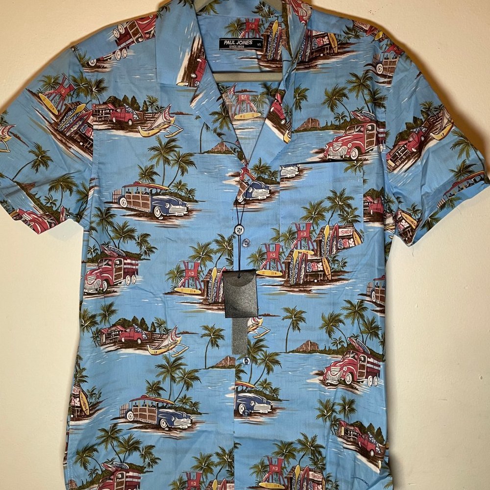 PJ Paul Jones Mens Blue Tropical Hawaiian Short Sleeve Button Up Shirt Small